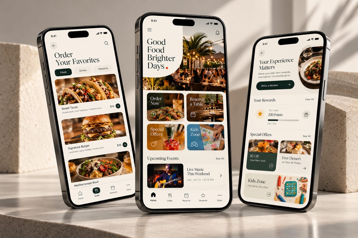 Restaurant mobile app design shown on three smartphones, with ordering, reservations, events, and rewards screens
