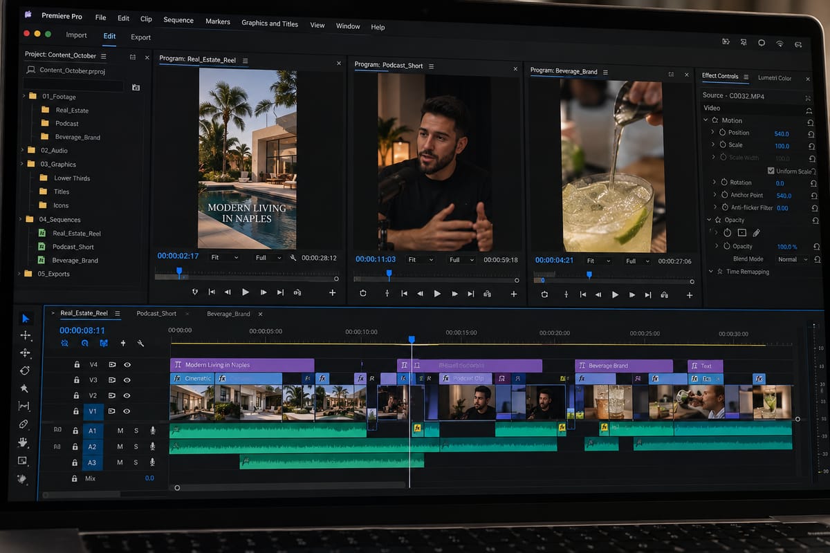 Video editing timeline with short-form edits for a real estate reel, a podcast clip, and a beverage brand video