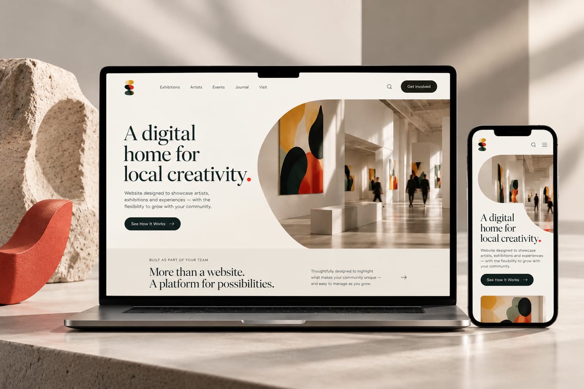 Responsive website design for a local arts community shown on a laptop and a smartphone
